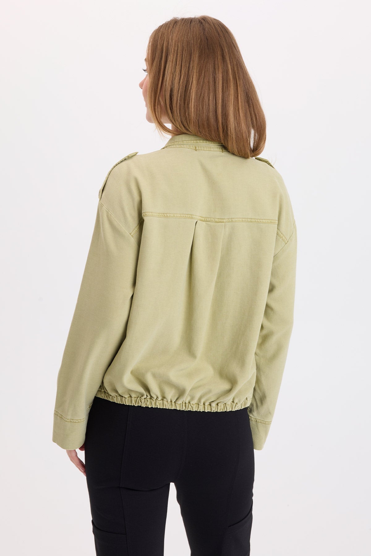 Back view of XCVI Tace Tencel Twill Relaxed Bomber Jacket in Artichoke Pigment green