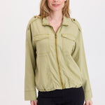 XCVI Tace Tencel Twill Relaxed Bomber Jacket in Artichoke Pigment green on model