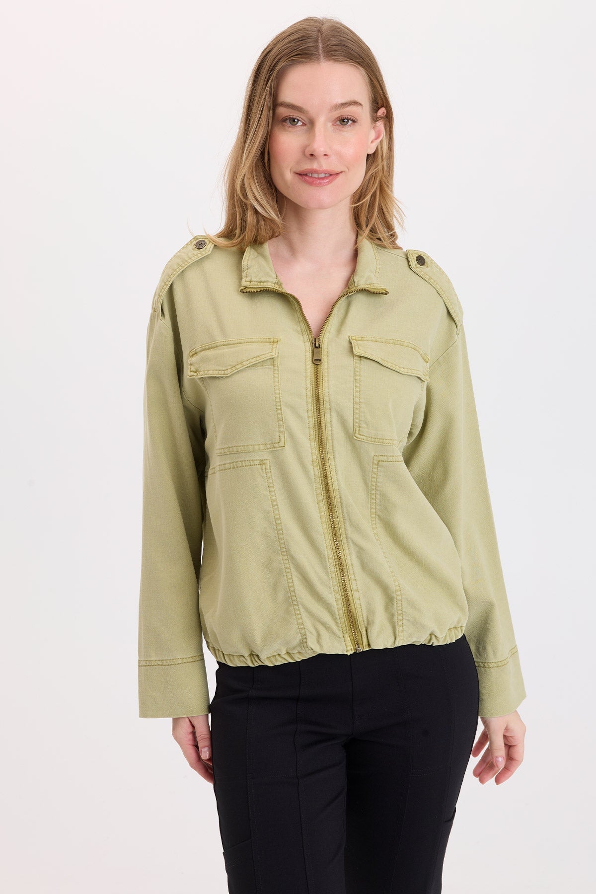 XCVI Tace Tencel Twill Relaxed Bomber Jacket in Artichoke Pigment green on model