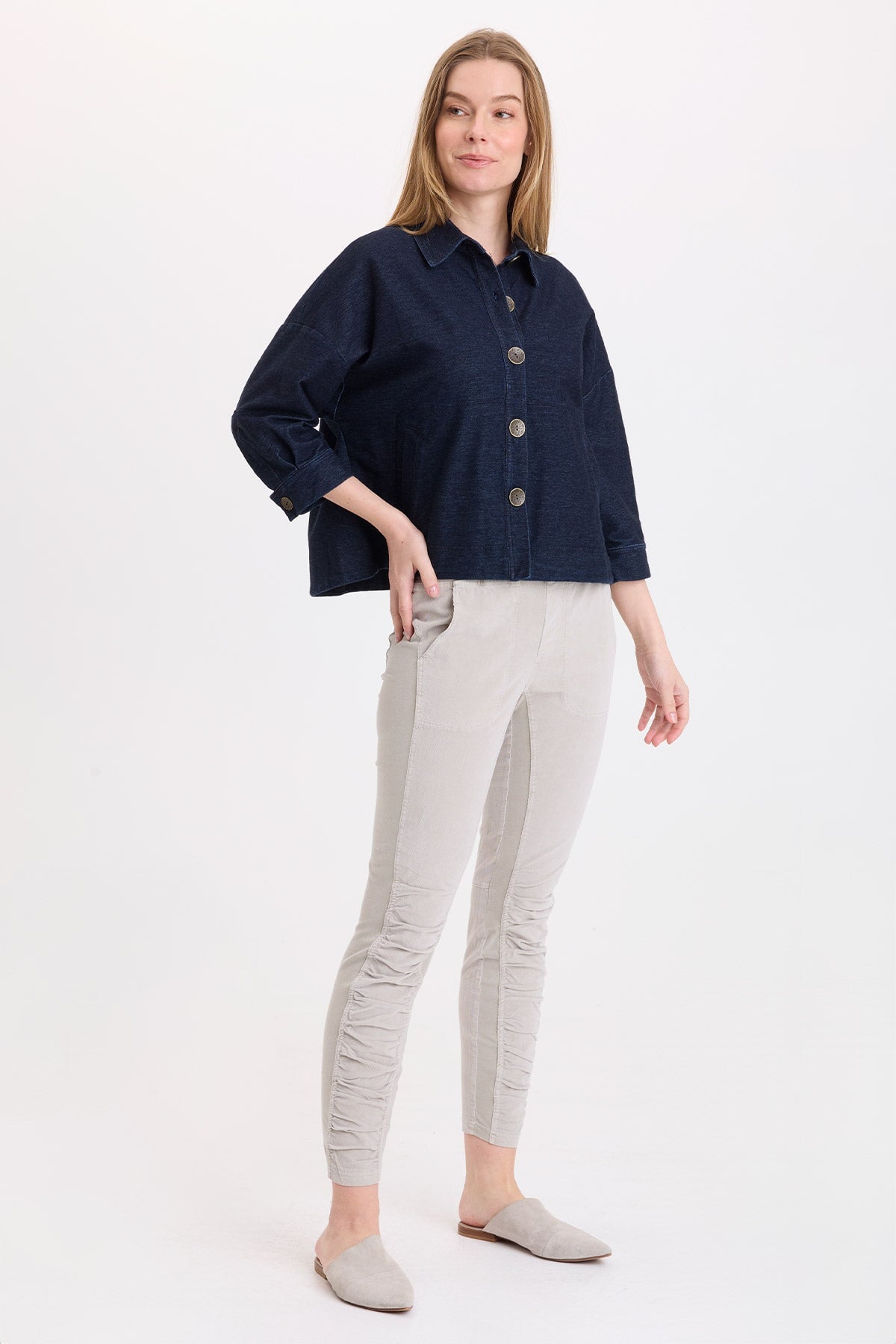 XCVI Cord Penny Legging in Whitecap Pigment, slim fit with ruched leg detail