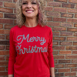 Glimmer Merry Christmas Long Sleeve Tee In red at ooh la la! in Grapevine TX 76051