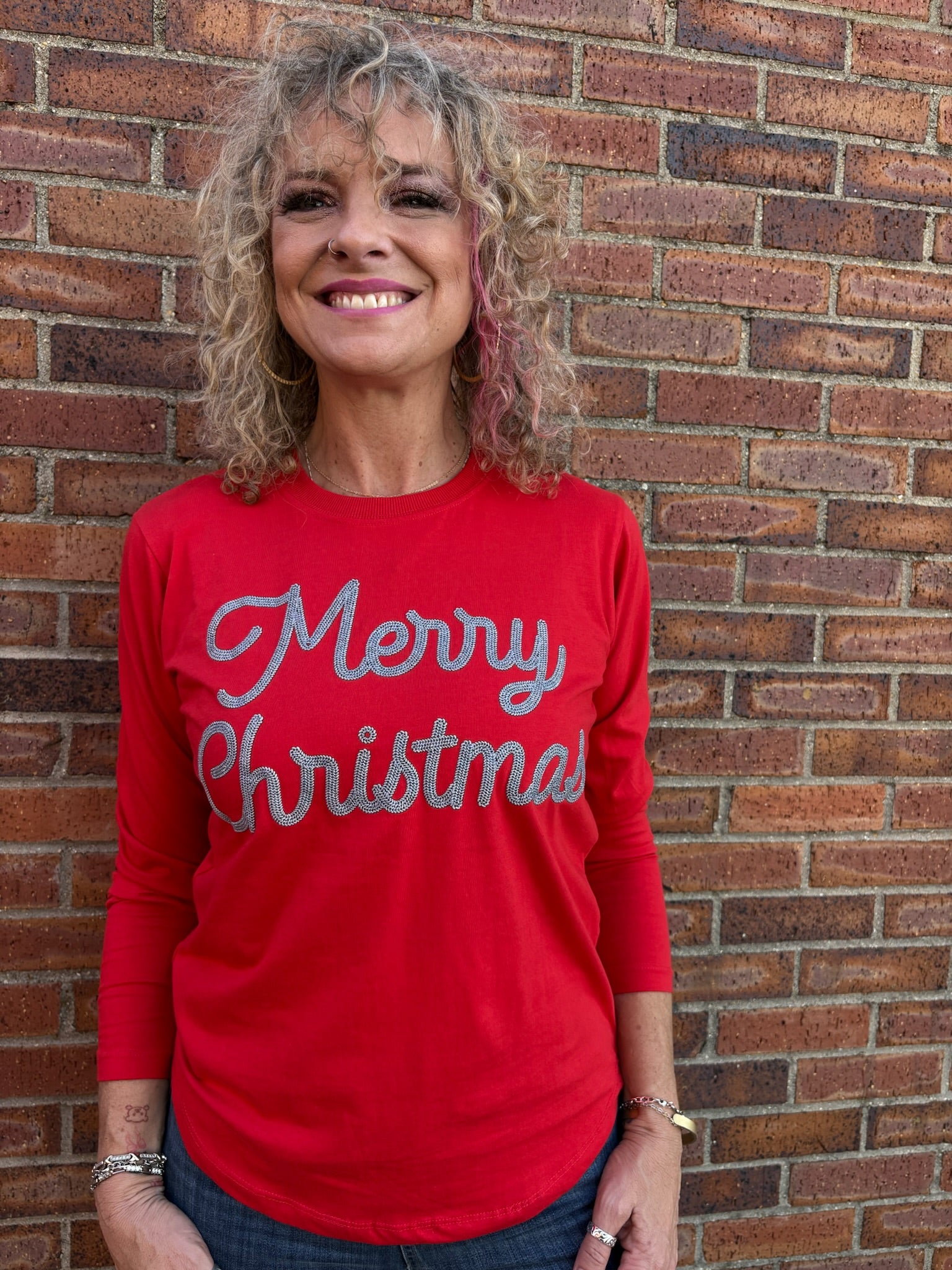 Glimmer Merry Christmas Long Sleeve Tee In red at ooh la la! in Grapevine TX 76051