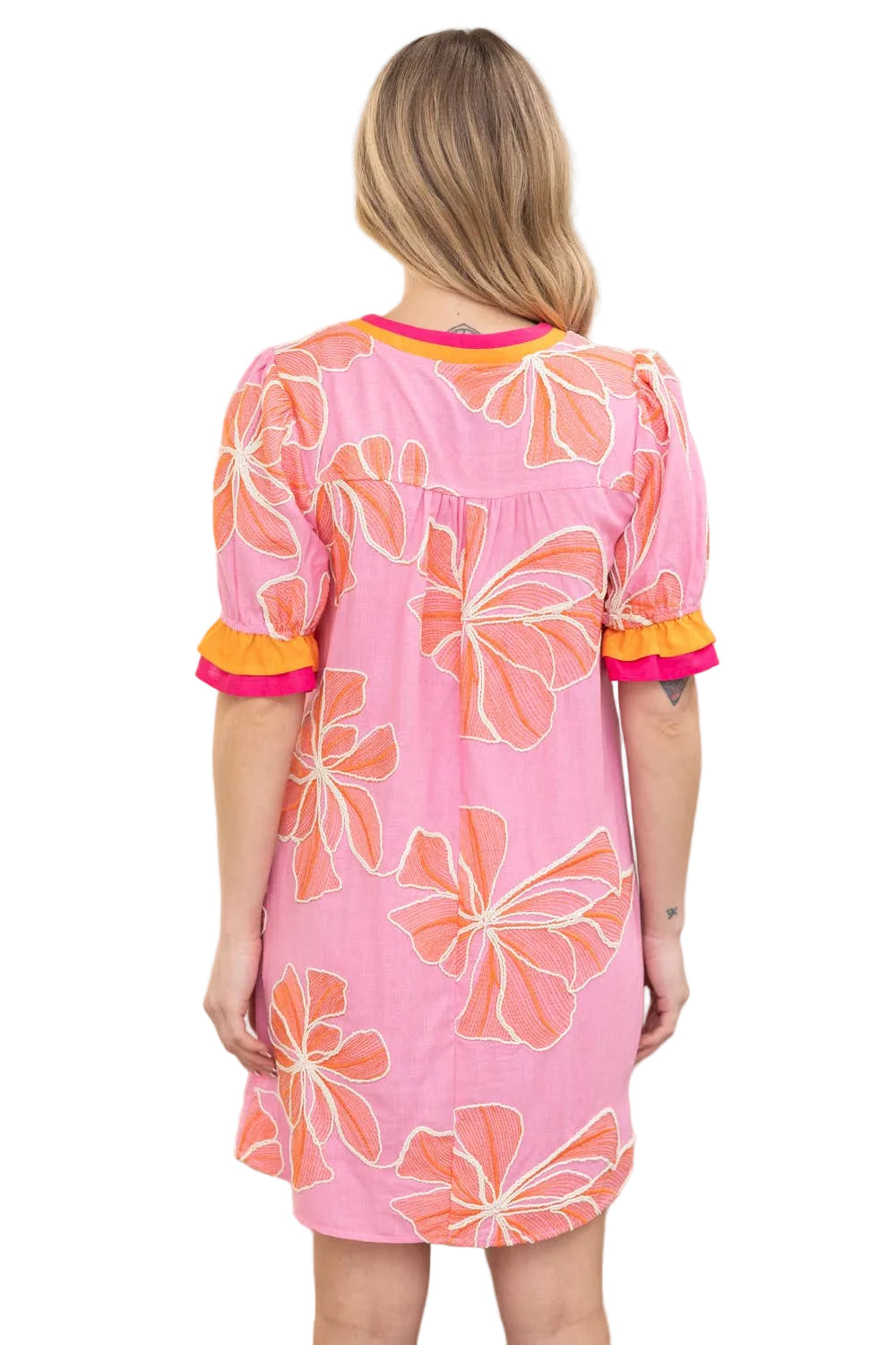 Embroidered floral dress, pink shift dress, summer vacation outfit, boutique floral dress, oversized embroidery, puff sleeve summer dress, resort wear for women, designer style shift dress. at ooh la la! in Grapevine TX 76051