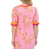 Embroidered floral dress, pink shift dress, summer vacation outfit, boutique floral dress, oversized embroidery, puff sleeve summer dress, resort wear for women, designer style shift dress. at ooh la la! in Grapevine TX 76051