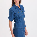 XCVI Tammen Indigo Twill Short Sleeve Shacket in Corscate Wash blue denim on model at ooh la la! in Grapevine TX 76051