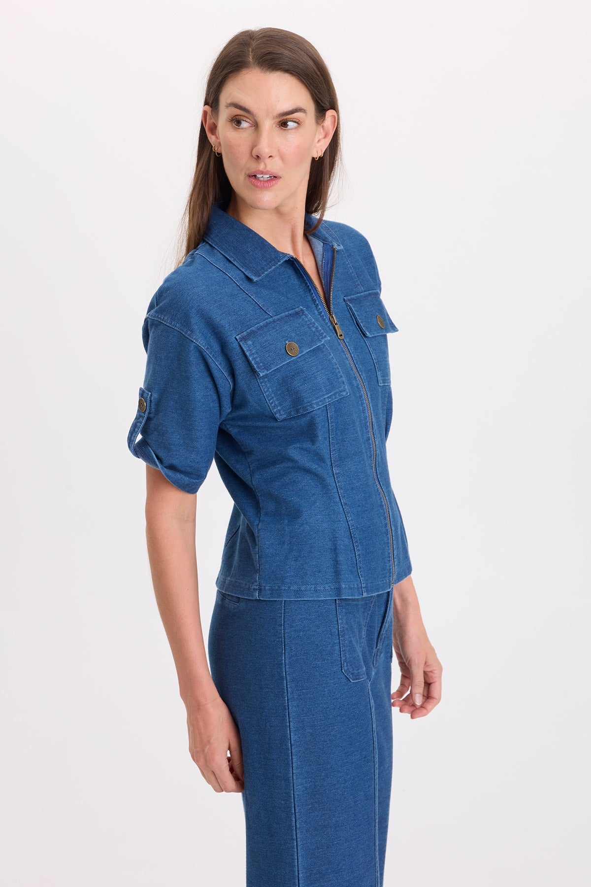 XCVI Tammen Indigo Twill Short Sleeve Shacket in Corscate Wash blue denim on model at ooh la la! in Grapevine TX 76051