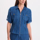 XCVI Tammen Indigo Twill Short Sleeve Shacket in Corscate Wash blue denim on model at ooh la la! in Grapevine TX 76051