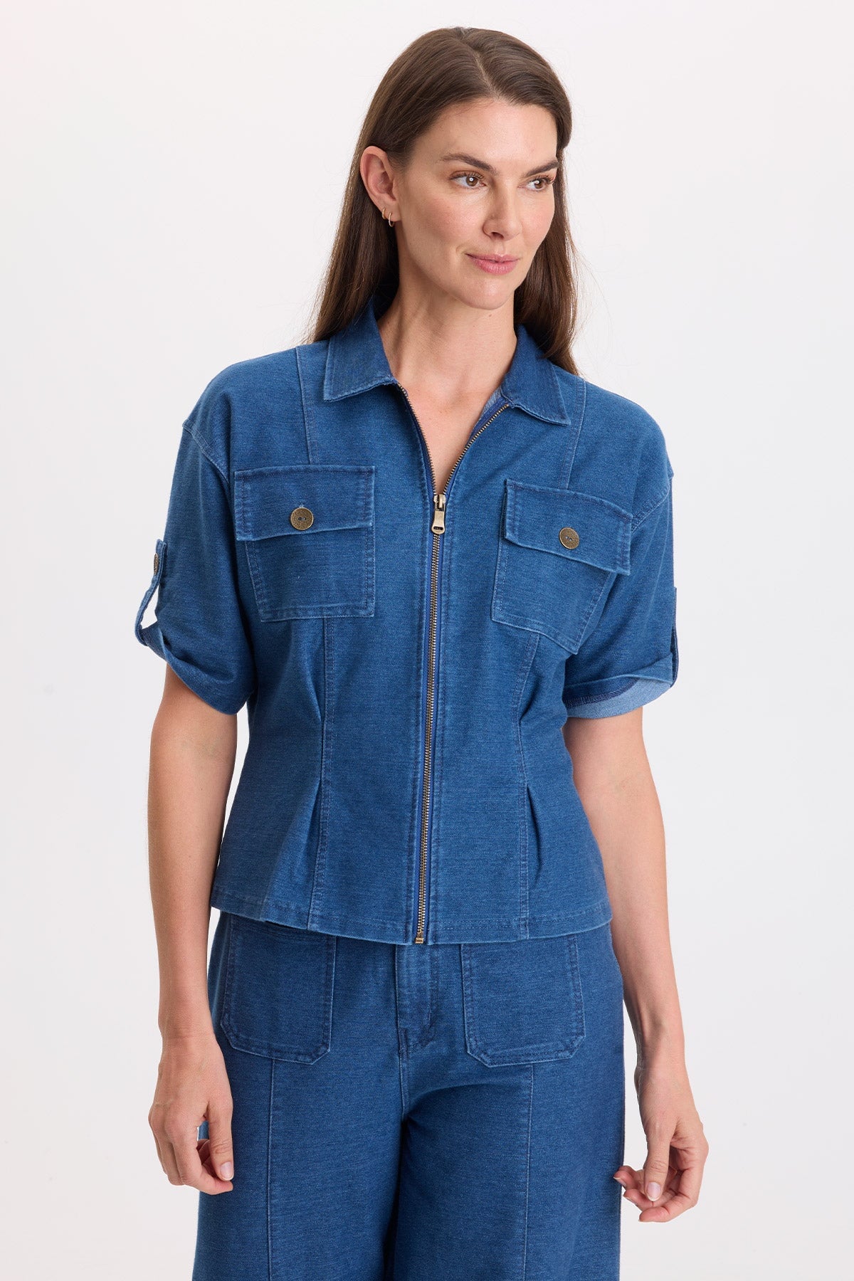 XCVI Tammen Indigo Twill Short Sleeve Shacket in Corscate Wash blue denim on model at ooh la la! in Grapevine TX 76051