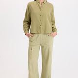 XCVI Riven Tencel Twill Wide Leg Pant in Artichoke Pigment sage green with patch pockets