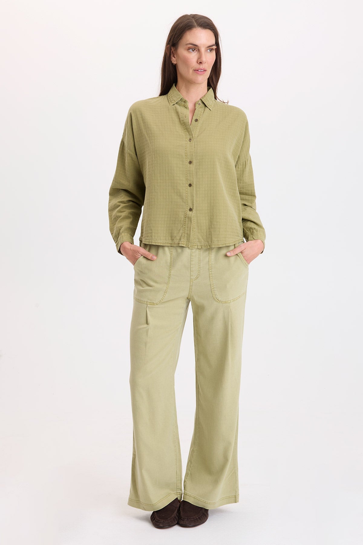 XCVI Riven Tencel Twill Wide Leg Pant in Artichoke Pigment sage green with patch pockets