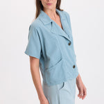 XCVI Jedd Short Sleeve Jacket in Thunderclap Pigment light blue at ooh la la! in Grapevine TX 76051