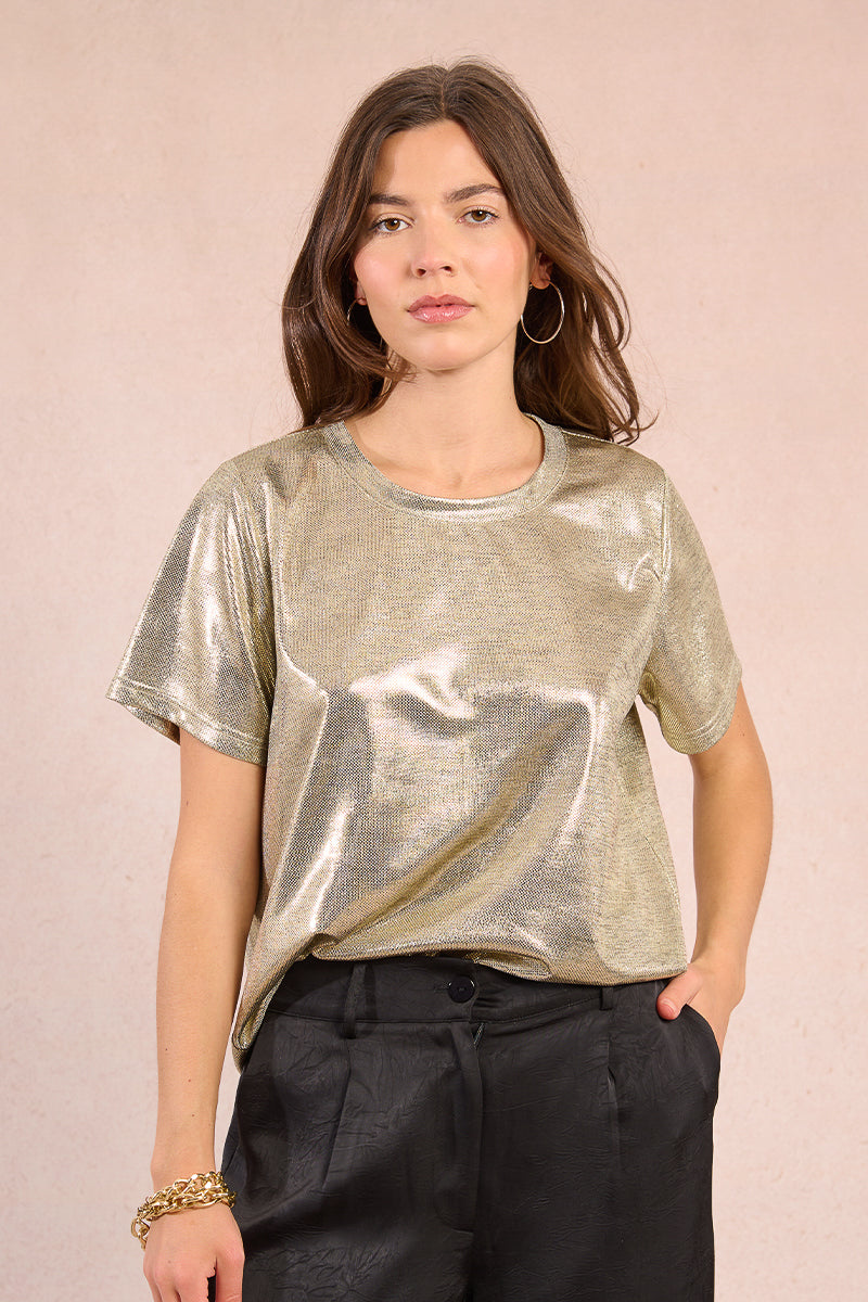 Molly Bracken Metallic Knit Tee in Light Gold at ooh la la! in Grapevine TX 76051