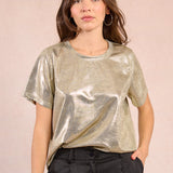 Molly Bracken Metallic Knit Tee in Light Gold at ooh la la! in Grapevine TX 76051