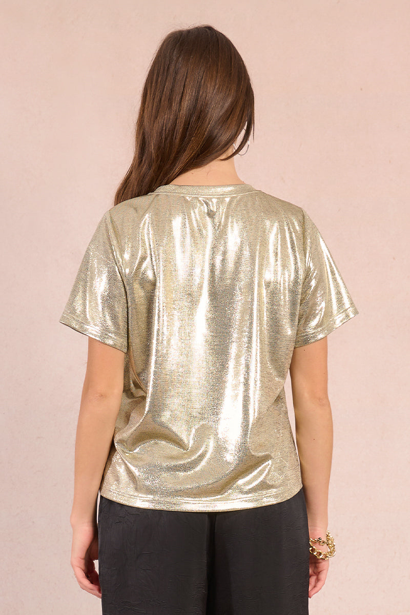 Molly Bracken Metallic Knit Tee in Light Gold at ooh la la! in Grapevine TX 76051