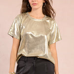 Molly Bracken Metallic Knit Tee in Light Gold at ooh la la! in Grapevine TX 76051