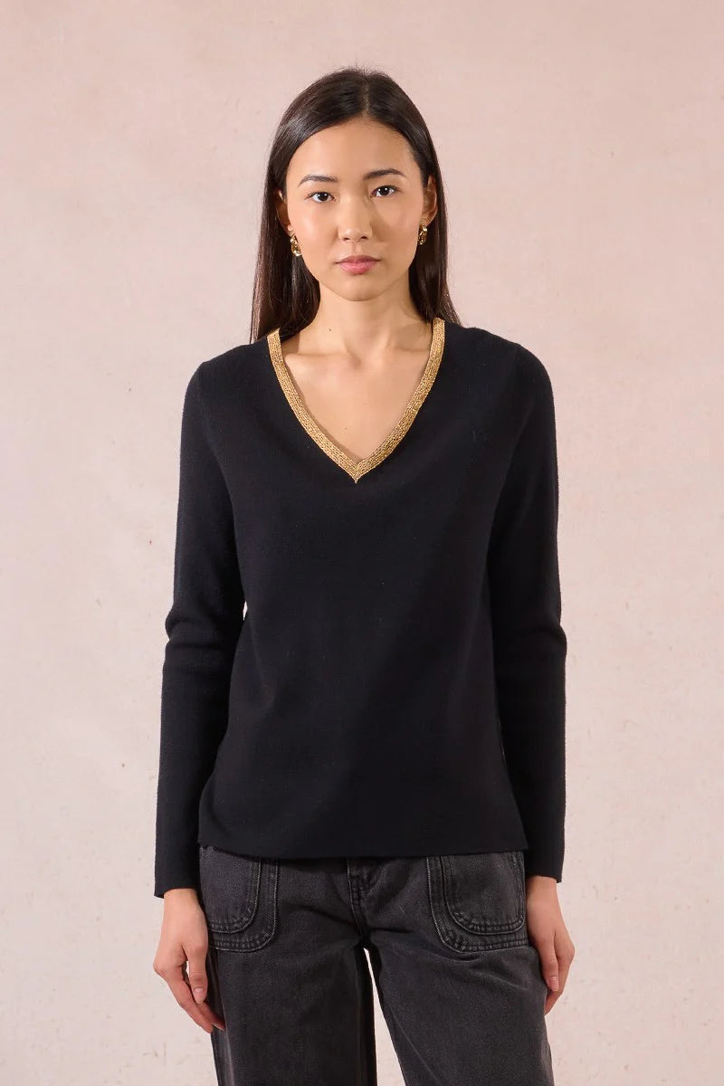 Molly Bracken VNeck Pullover Sweater with Gold Beaded Neckline in black at ooh la la! in Grapevine TX 76051