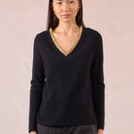 Molly Bracken VNeck Pullover Sweater with Gold Beaded Neckline in black at ooh la la! in Grapevine TX 76051