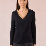 Molly Bracken VNeck Pullover Sweater with Gold Beaded Neckline in black at ooh la la! in Grapevine TX 76051