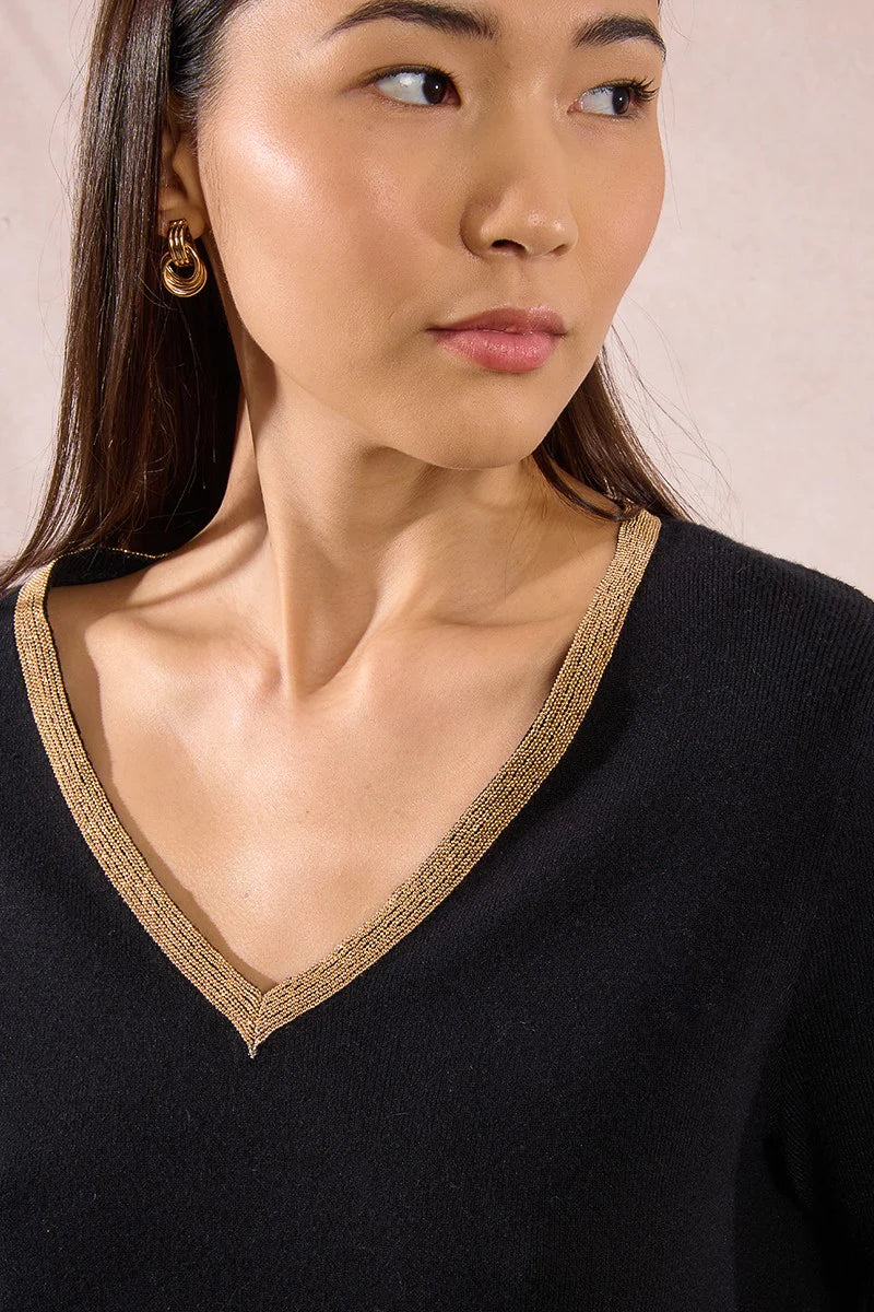 Molly Bracken VNeck Pullover Sweater with Gold Beaded Neckline in black at ooh la la! in Grapevine TX 76051