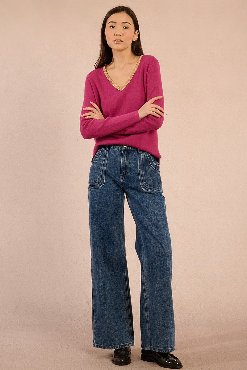 Molly Bracken VNeck Pullover Sweater with Gold Beaded Neckline in Purple Bougainvillier at ooh la la! in Grapevine TX 76051