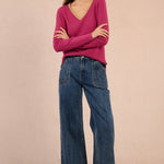 Molly Bracken VNeck Pullover Sweater with Gold Beaded Neckline in Purple Bougainvillier at ooh la la! in Grapevine TX 76051