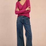 Molly Bracken VNeck Pullover Sweater with Gold Beaded Neckline in Purple Bougainvillier at ooh la la! in Grapevine TX 76051