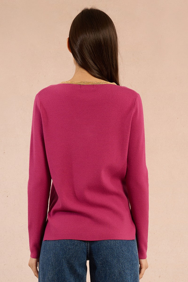 Molly Bracken VNeck Pullover Sweater with Gold Beaded Neckline in Purple Bougainvillier at ooh la la! in Grapevine TX 76051