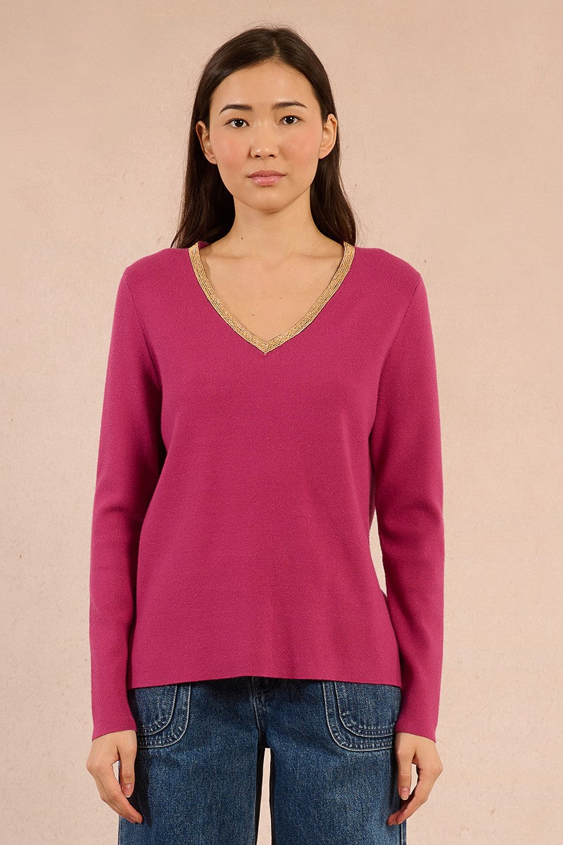 Molly Bracken VNeck Pullover Sweater with Gold Beaded Neckline in Purple Bougainvillier at ooh la la! in Grapevine TX 76051