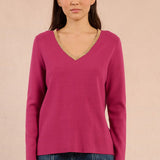 Molly Bracken VNeck Pullover Sweater with Gold Beaded Neckline in Purple Bougainvillier at ooh la la! in Grapevine TX 76051