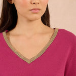 Molly Bracken VNeck Pullover Sweater with Gold Beaded Neckline in Purple Bougainvillier at ooh la la! in Grapevine TX 76051