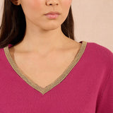 Molly Bracken VNeck Pullover Sweater with Gold Beaded Neckline in Purple Bougainvillier at ooh la la! in Grapevine TX 76051