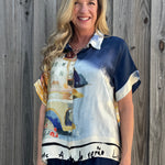 Made in Italy Satin Collared Village Print Blouse in navy at ooh la la! in Grapevine TX 76051