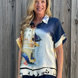 Made in Italy Satin Collared Village Print Blouse in navy at ooh la la! in Grapevine TX 76051