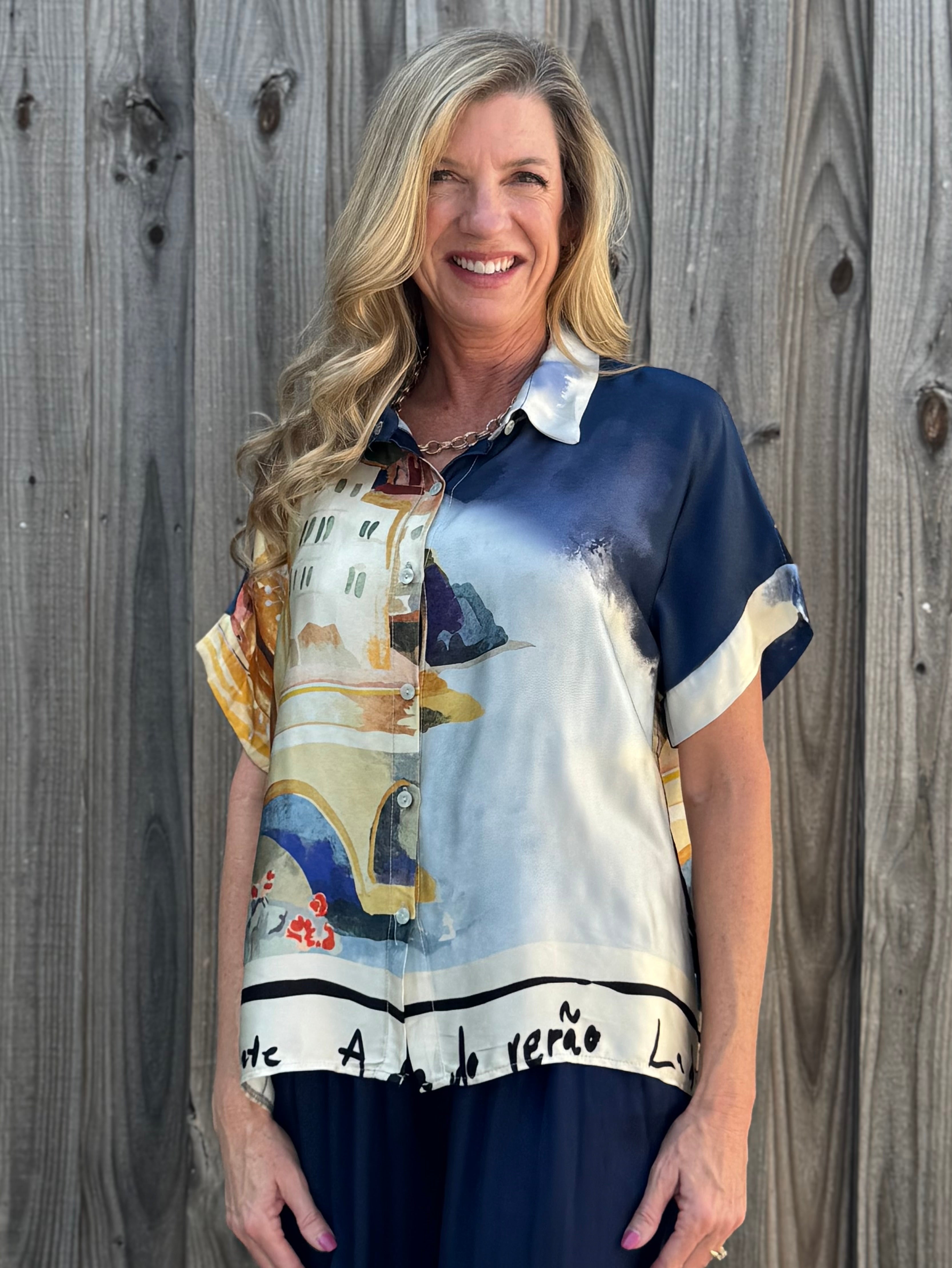 Made in Italy Satin Collared Village Print Blouse in navy at ooh la la! in Grapevine TX 76051