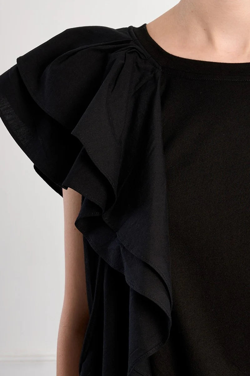 Black Asymmetrical top, ruffle crop top, sporty chic shirt, women's statement top, oversized cropped tee, streetwear fashion, architectural ruffle blouse.
at ooh la la! in Grapevine TX 76051