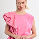 Pink Asymmetrical top, ruffle crop top, sporty chic shirt, women's statement top, oversized cropped tee, streetwear fashion, architectural ruffle blouse.
at ooh la la! in Grapevine TX 76051