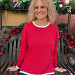 Merry Embossed Waffle Sweatshirt in red at ooh la la! in Grapevine TX 76051