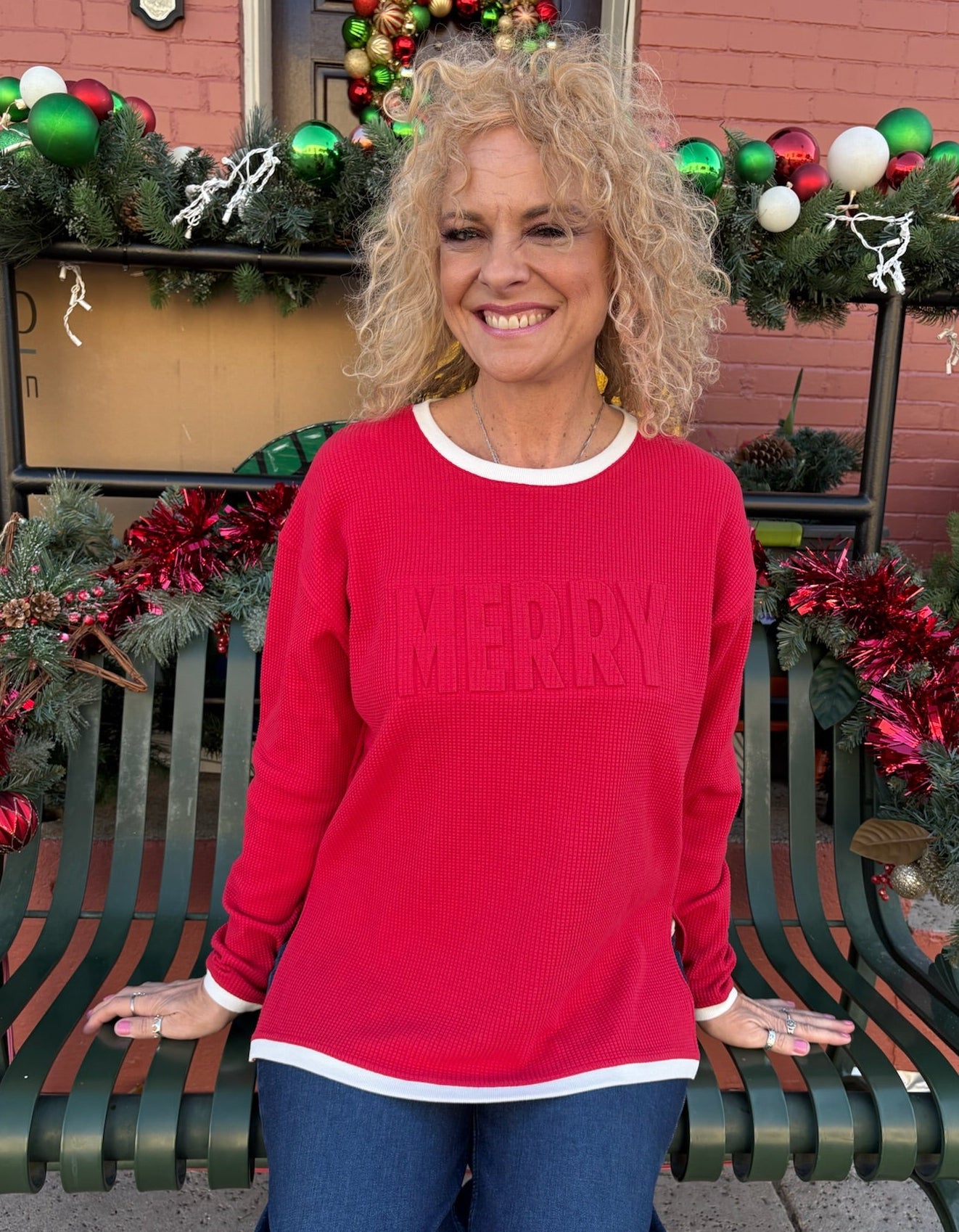 Merry Embossed Waffle Sweatshirt in red at ooh la la! in Grapevine TX 76051