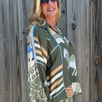 Made in Italy Satin Long Sleeve Horse Print Blouse in Olive at ooh la la! in Grapevine TX 76051