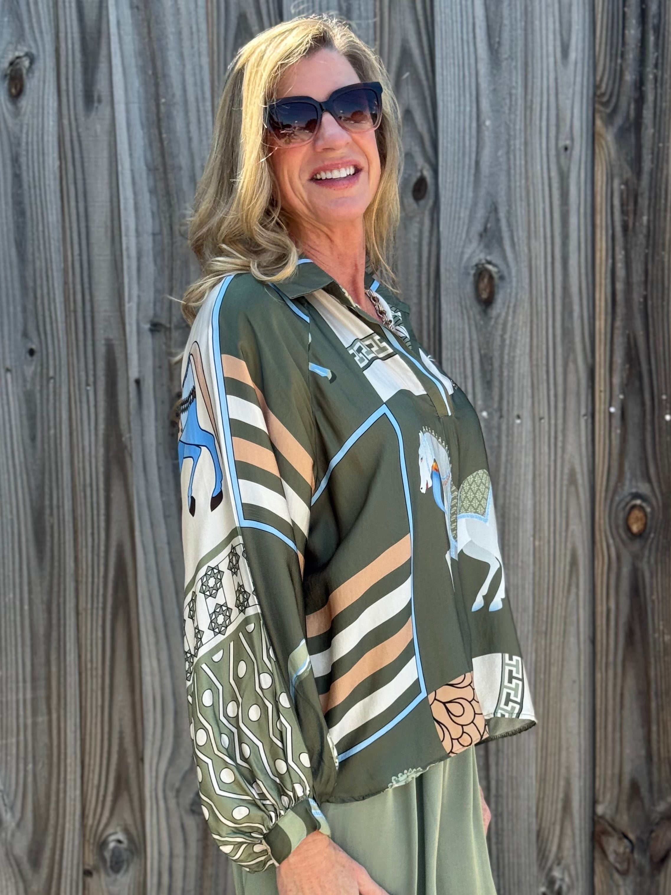Made in Italy Satin Long Sleeve Horse Print Blouse in Olive at ooh la la! in Grapevine TX 76051