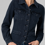 Liverpool Patch Pocket Fitted Denim Jacket in dark navy Raven Wing colorway on model