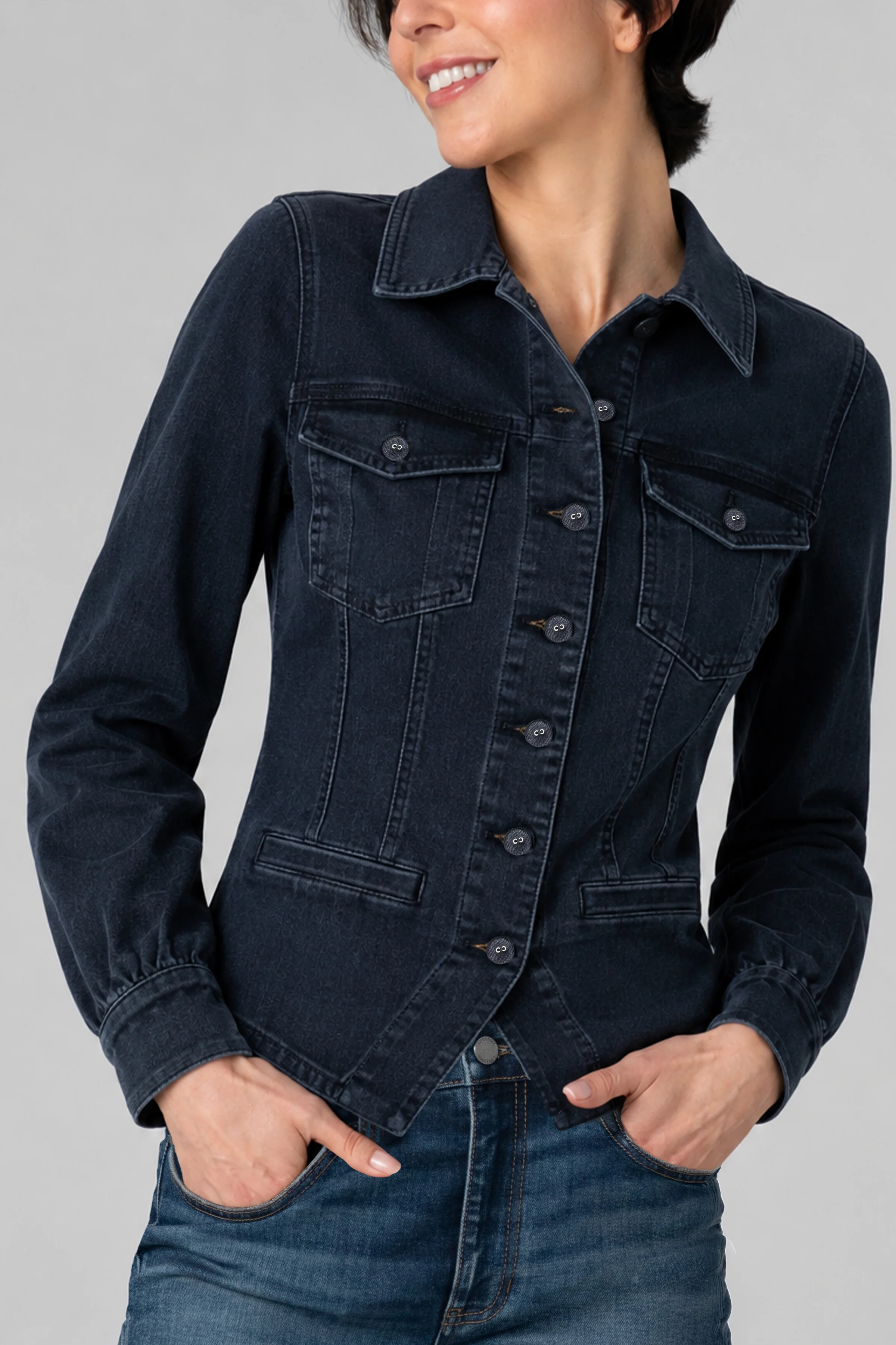 Liverpool Patch Pocket Fitted Denim Jacket in dark navy Raven Wing colorway on model