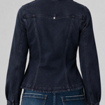 Back view of Liverpool fitted dark navy denim jacket with patch pockets on model