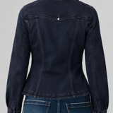 Back view of Liverpool fitted dark navy denim jacket with patch pockets on model