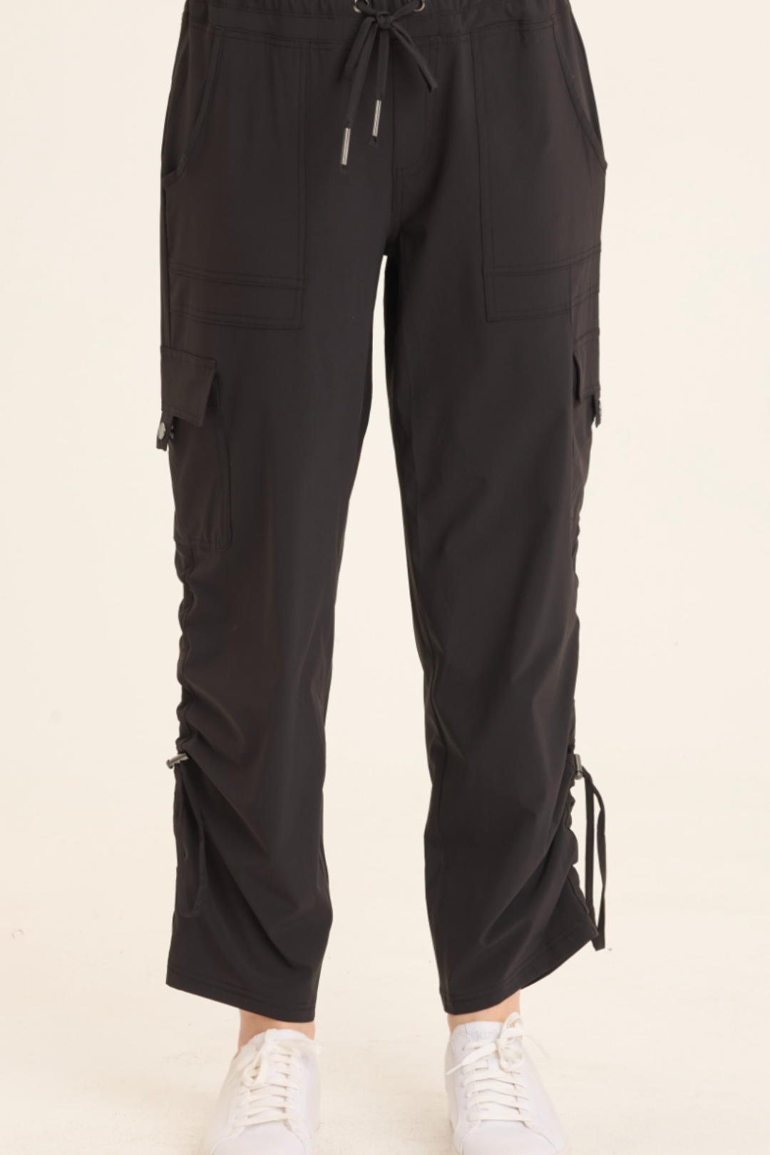 XCVI Bader Active Cargo Pant in black with drawstring waist and ruched ankles at ooh la la! in Grapevine TX 76051