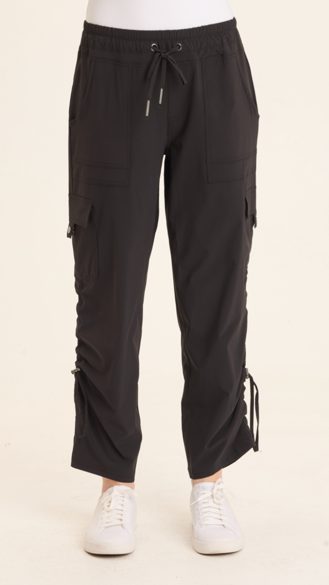 XCVI Bader Active Cargo Pant in black with drawstring waist and ruched ankles at ooh la la! in Grapevine TX 76051
