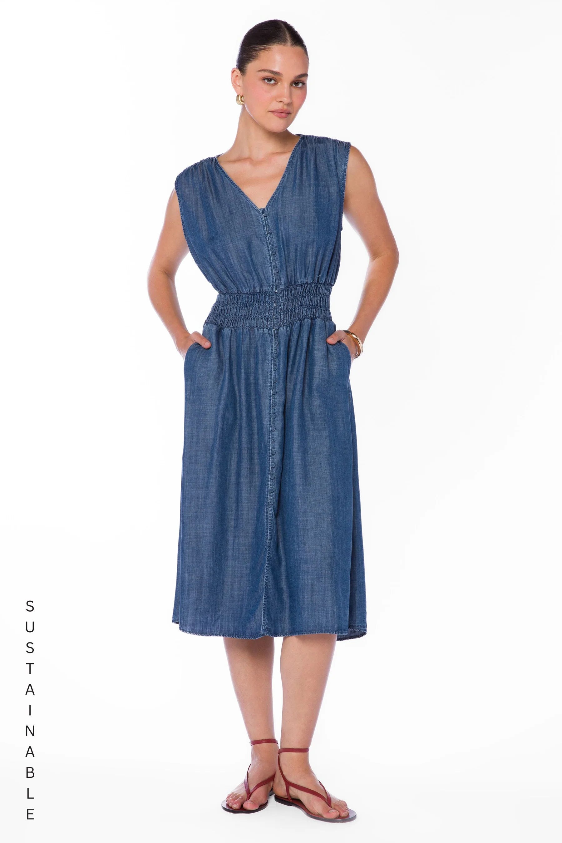 Velvet Heart Persa denim look Tencel™ Smocked Midi Dress | Murietta at ooh la la! in Grapevine TX 76051