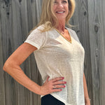 Molly Bracken Gold Beaded Trim V-Neck Top in Cream at ooh la la! in Grapevine TX 76051