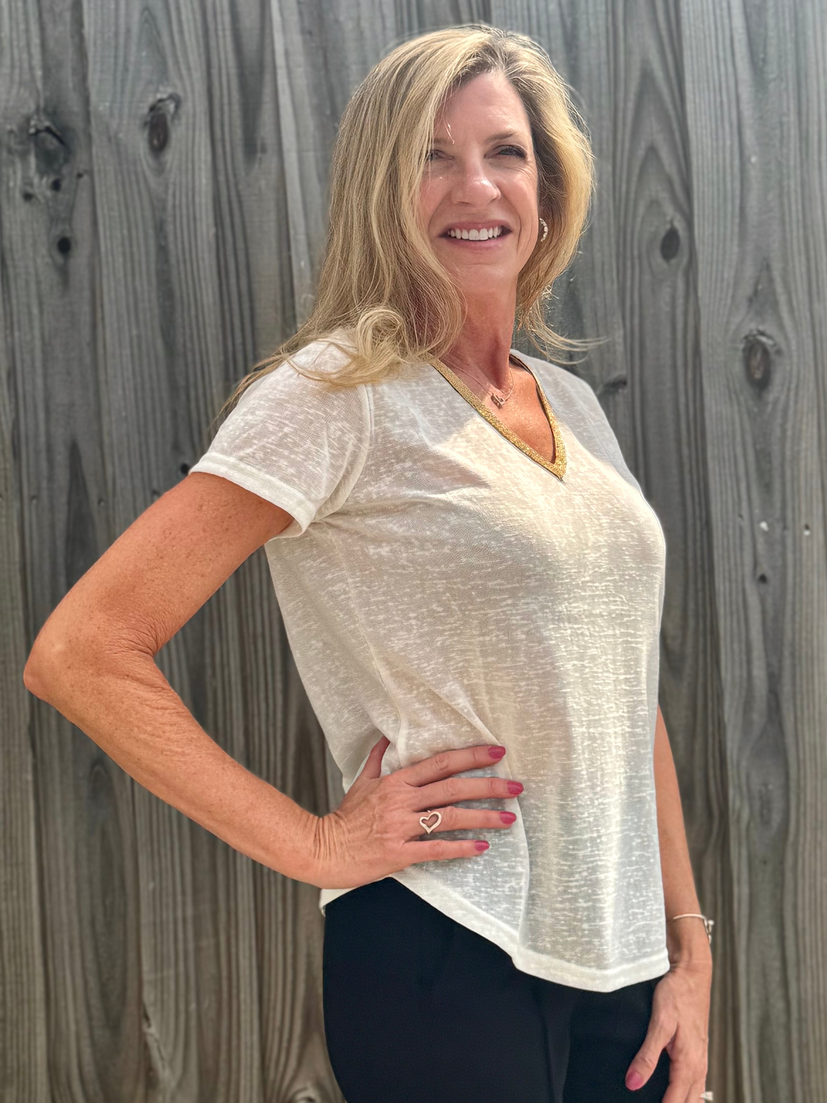 Molly Bracken Gold Beaded Trim V-Neck Top in Cream at ooh la la! in Grapevine TX 76051