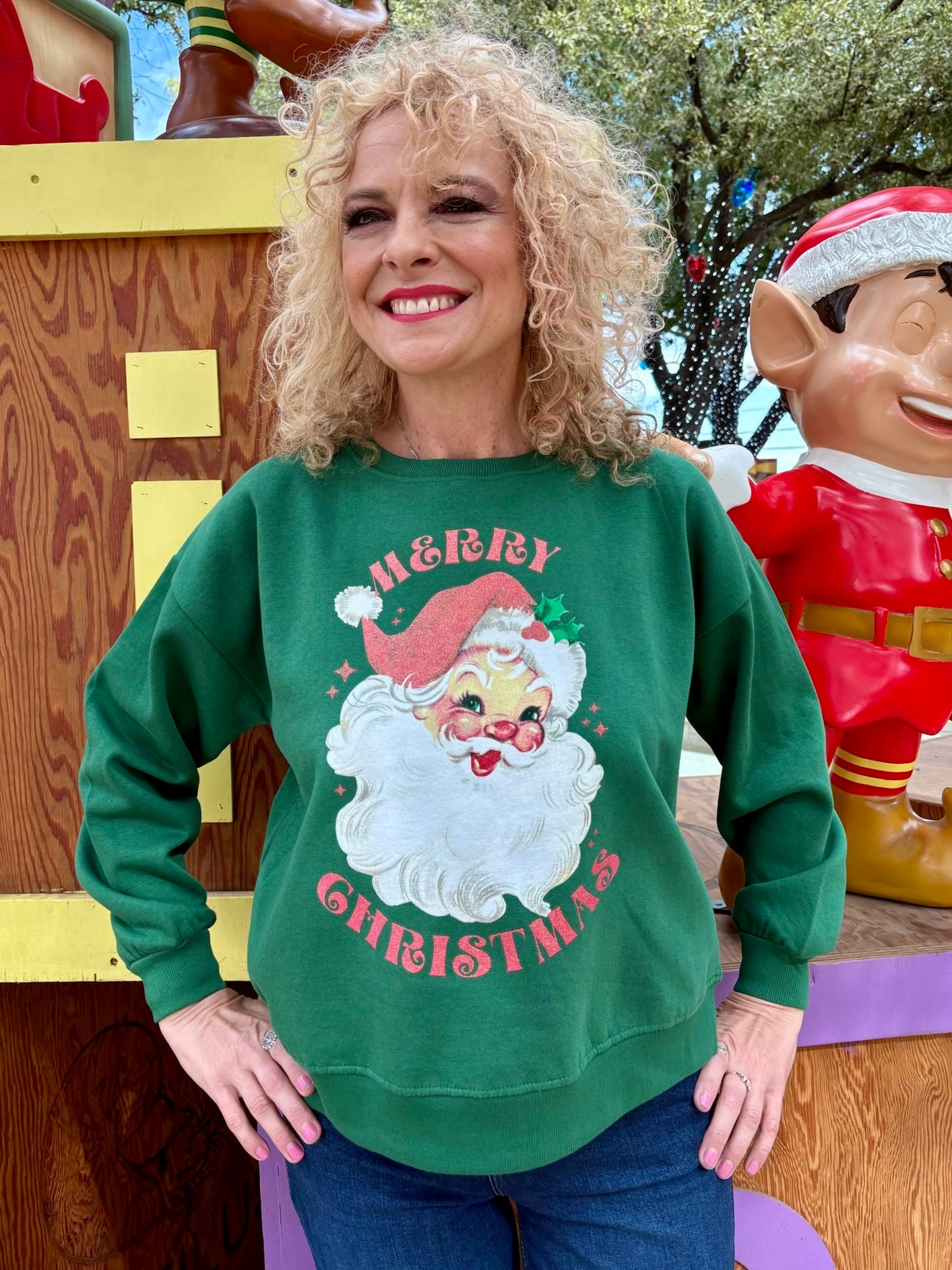 Glitter Santa Sweatshirt in green at ooh la la! in Grapevine TX 76051
